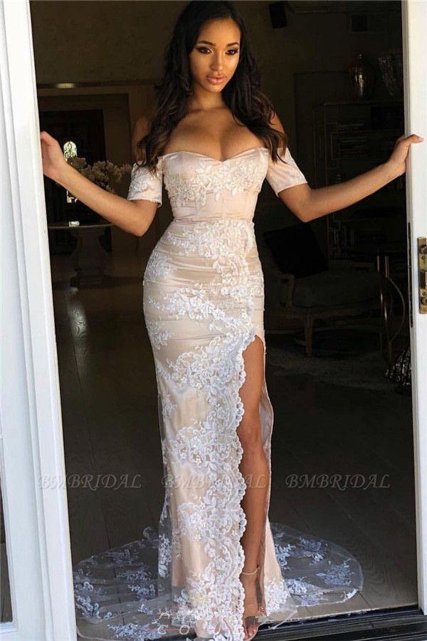 Bmbridal Short Sleeves Lace Mermaid Prom Dress With Slit