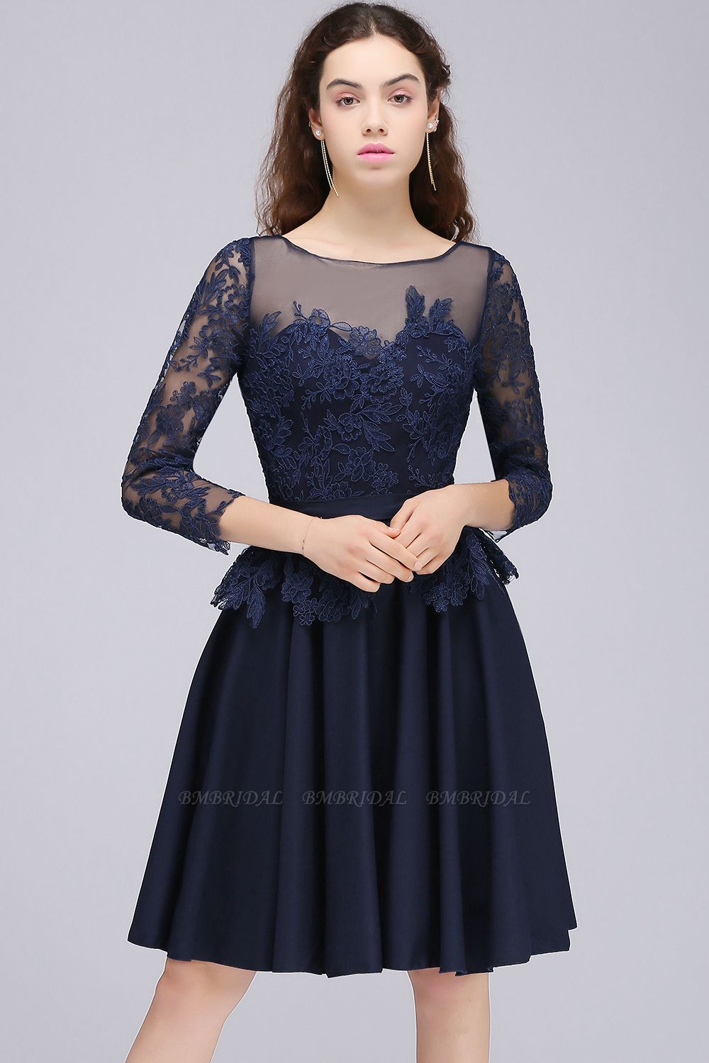 BMbridal Modest 3/4 Sleeves Short Navy Lace Bridesmaid Dresses with Appliques