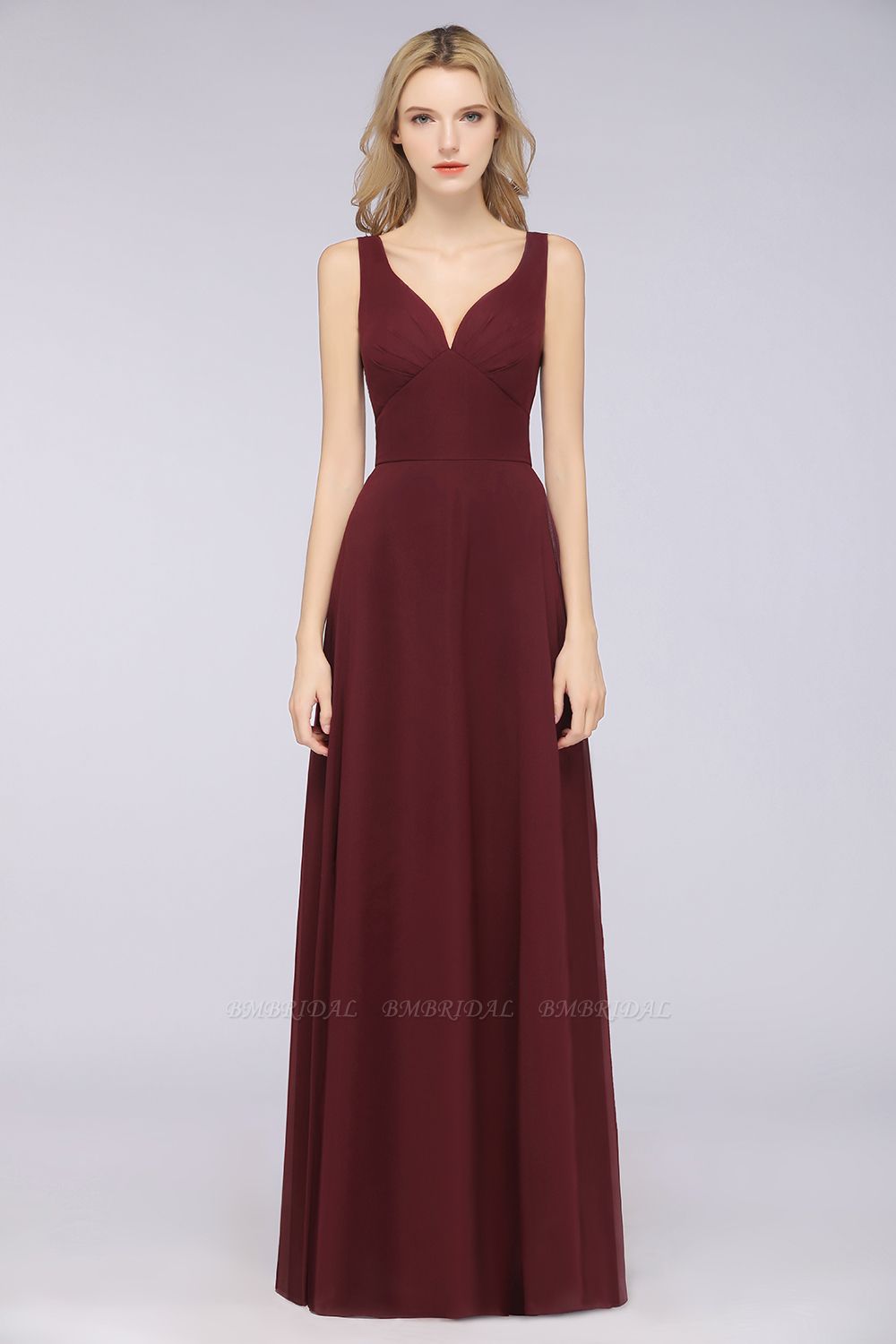 BMbridal Chic Chiffon V-Neck Straps Ruffle Affordable Bridesmaid Dresses with Open Back