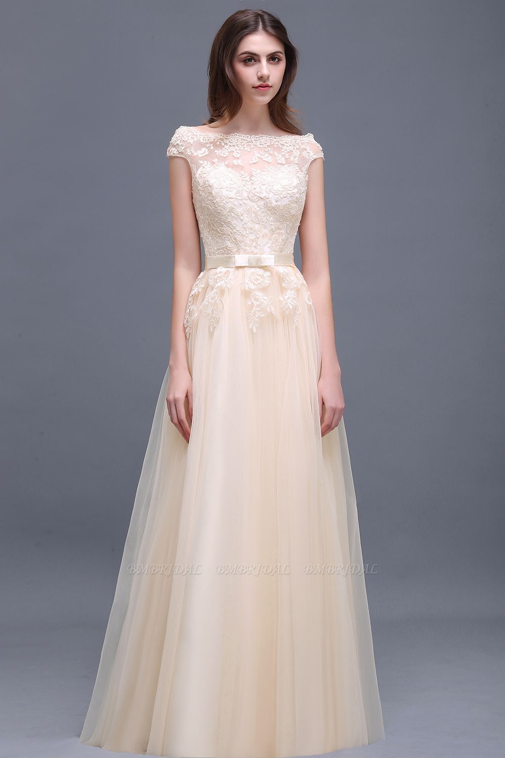 BMbridal Affordable Off-the-Shoulder Champagne Bridesmaid Dresses with Appliques