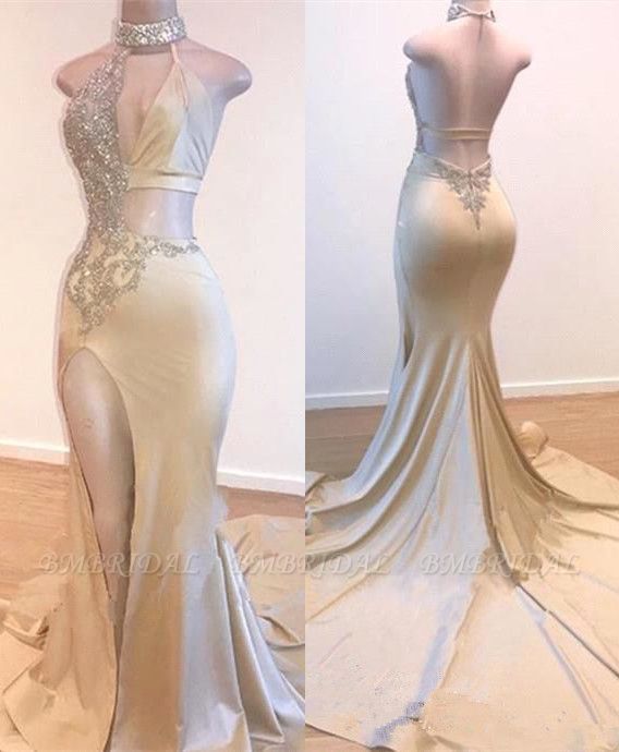 Bmbridal Champagne Sleeveless Prom Dress Mermaid Backless With Split