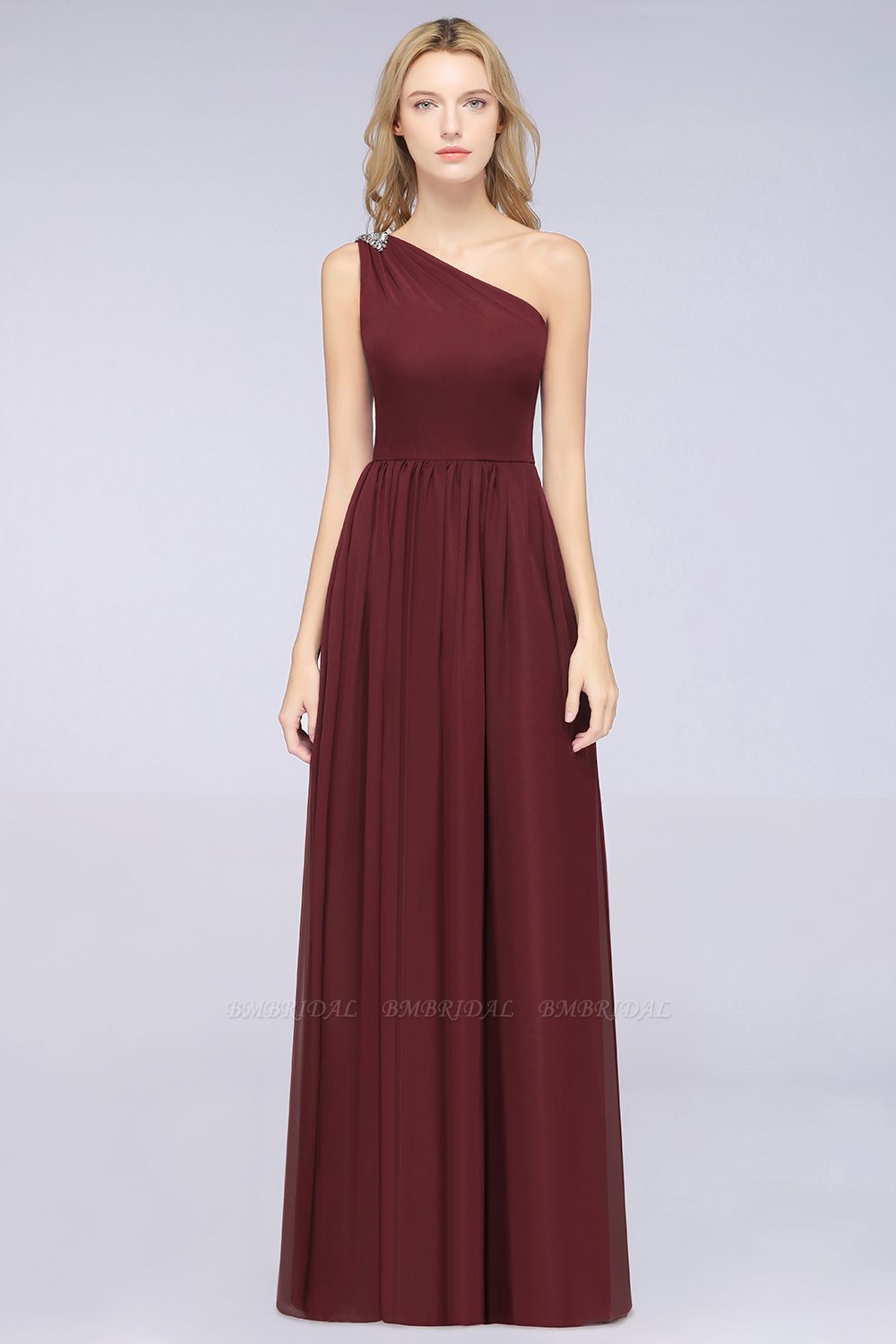 BMbridal Affordable Chiffon One-Shoulder Ruffle Bridesmaid Dress with Beadings
