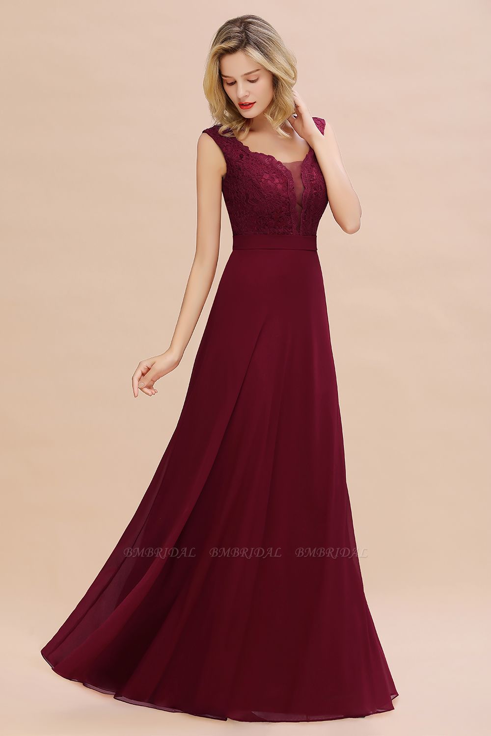 BMbridal Elegant Lace Deep V-Neck Burgundy Bridesmaid Dress Affordable