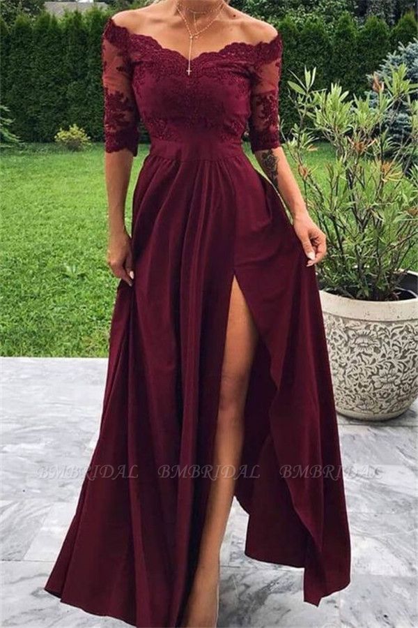 Bmbridal Burgundy Half Sleeves Lace Prom Dress Long With Slit