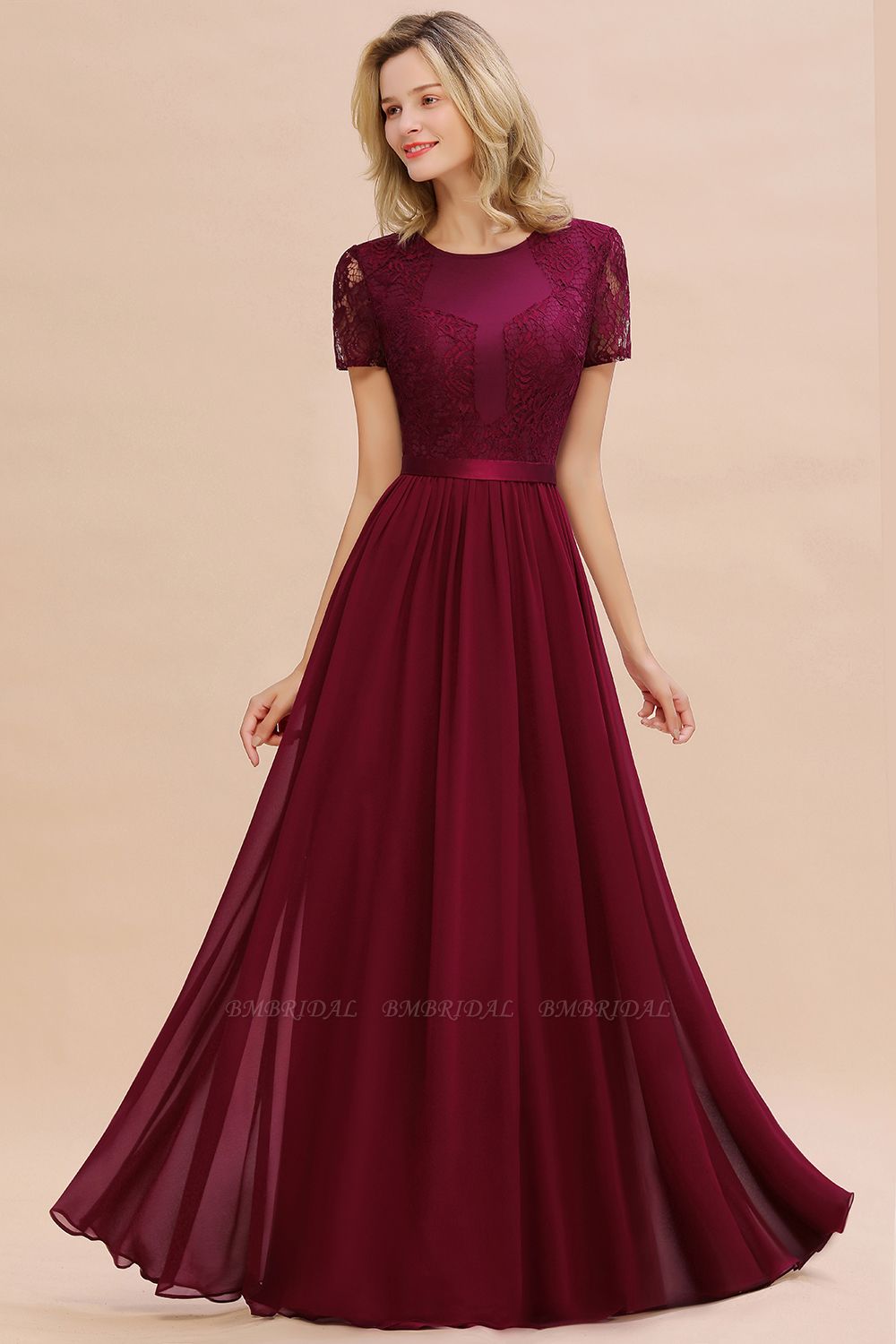 BMbridal Elegant Chiffon Lace Jewel Short-Sleeves Affordable Bridesmaid ...