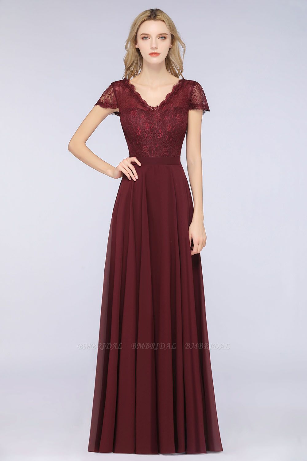 BMbridal Elegant Lace V-Neck Burgundy Bridesmaid Dress with Cap Sleeves
