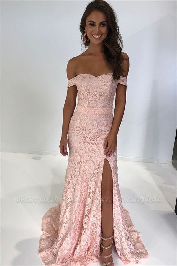 Bmbridal Pink Off-the-Shoulder Lace Prom Dress Mermaid With Slit