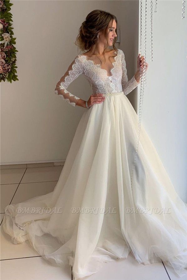 Bmbridal Long Sleeves Lace Wedding Dress With Pearls