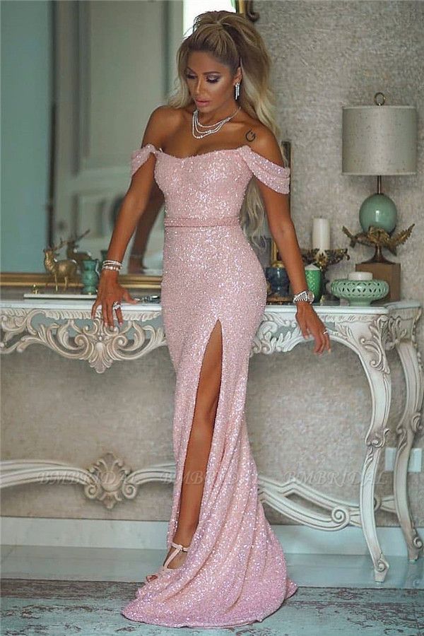 Bmbridal Pink Sequins Mermaid Prom Dress Off-the-Shoulder Slit Party Dress