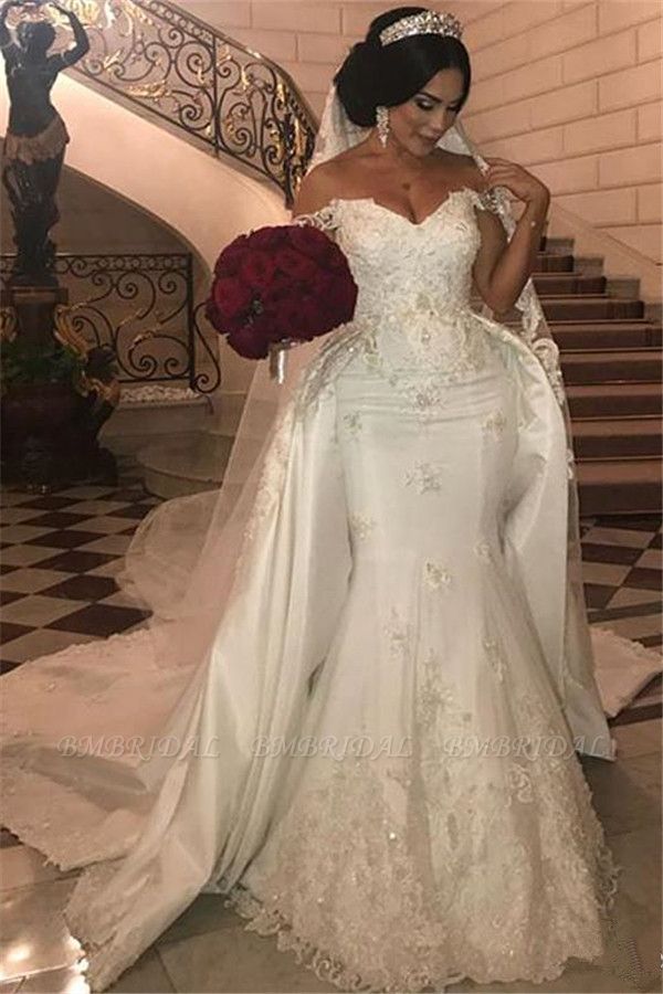 Bmbridal Off-the-Shoulder Mermaid Wedding Dress Overskirt Lace Bridal Gown