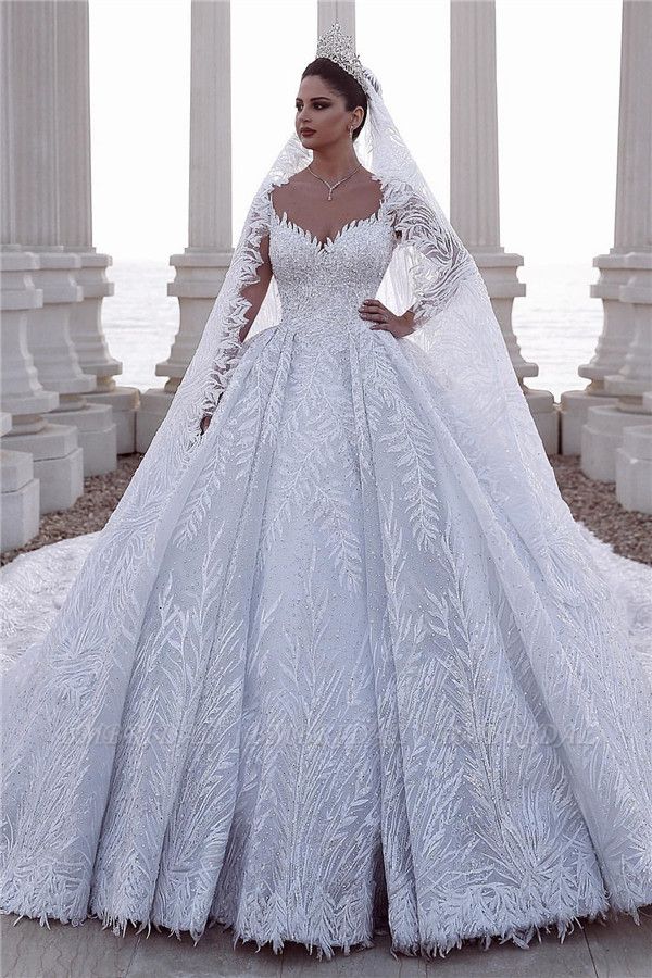 Bmbridal Long Sleeves Lace Wedding Dress Ball Gown