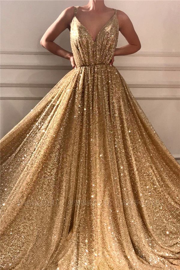 Bmbridal Gold Pailletten V-Ausschnitt Abendkleid ärmellos lang