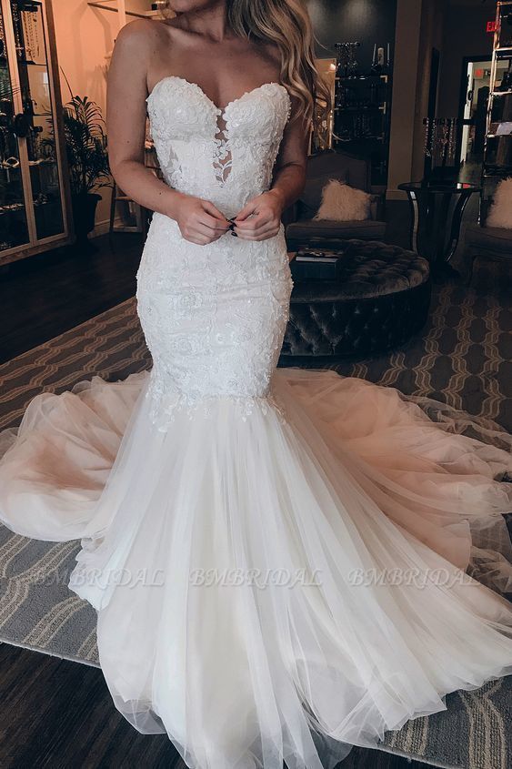 Bmbridal Gorgeous Sweetheart Lace Wedding Dress Mermaid Tulle Skirt