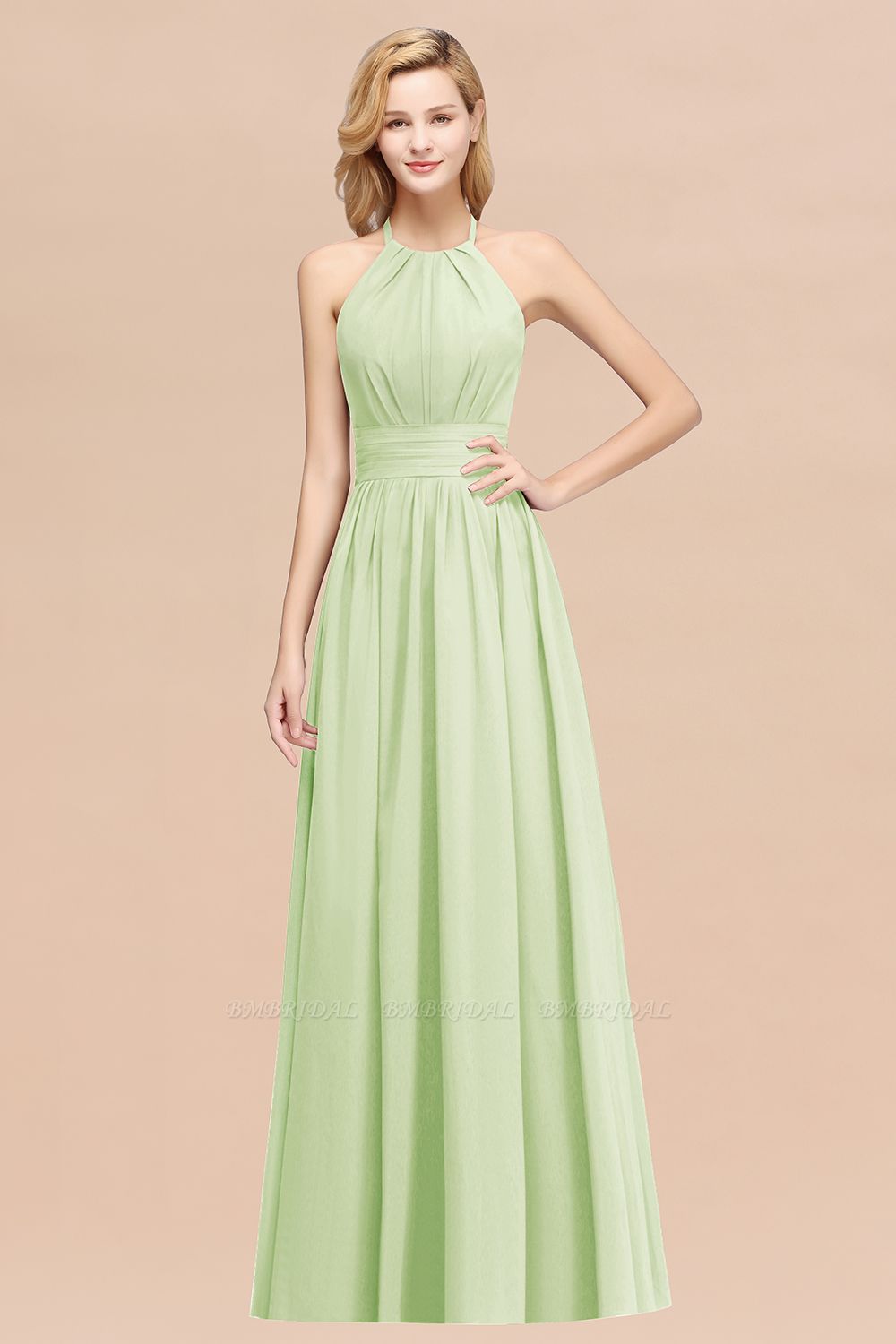 BMbridal Elegant High-Neck Halter Long Affordable Bridesmaid Dresses with Ruffles