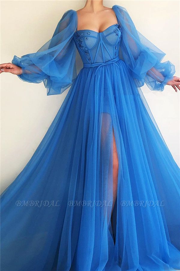 Bmbridal Ocean Blue Long Sleeve Tulle Prom Dress With Slit Sweetheart