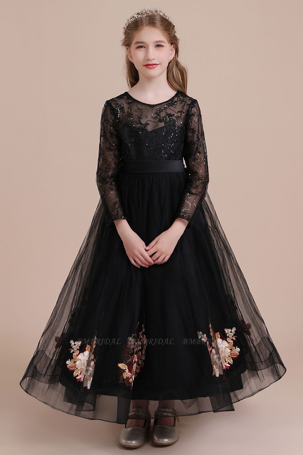 BMbridal A-Line Embroidered Long Sleeve Tulle Flower Girl Dress On Sale