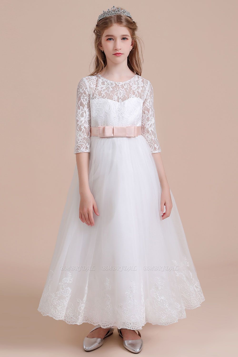 BMbridal A-Line Illusion Lace Tulle Ankle Length Flower Girl Dress On Sale
