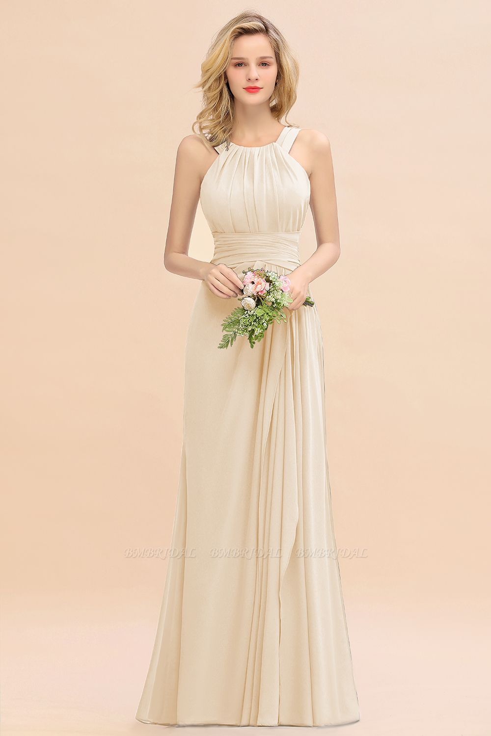 BMbridal Elegant Round Neck Sleeveless Bridesmaid Dress with Ruffles