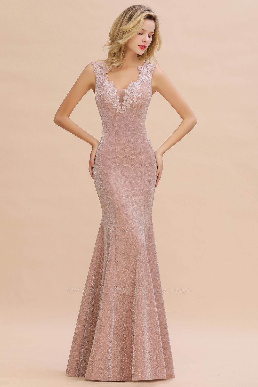 BMbridal Dusty Pink Shinning Long Prom Dress Mermaid With Appliques