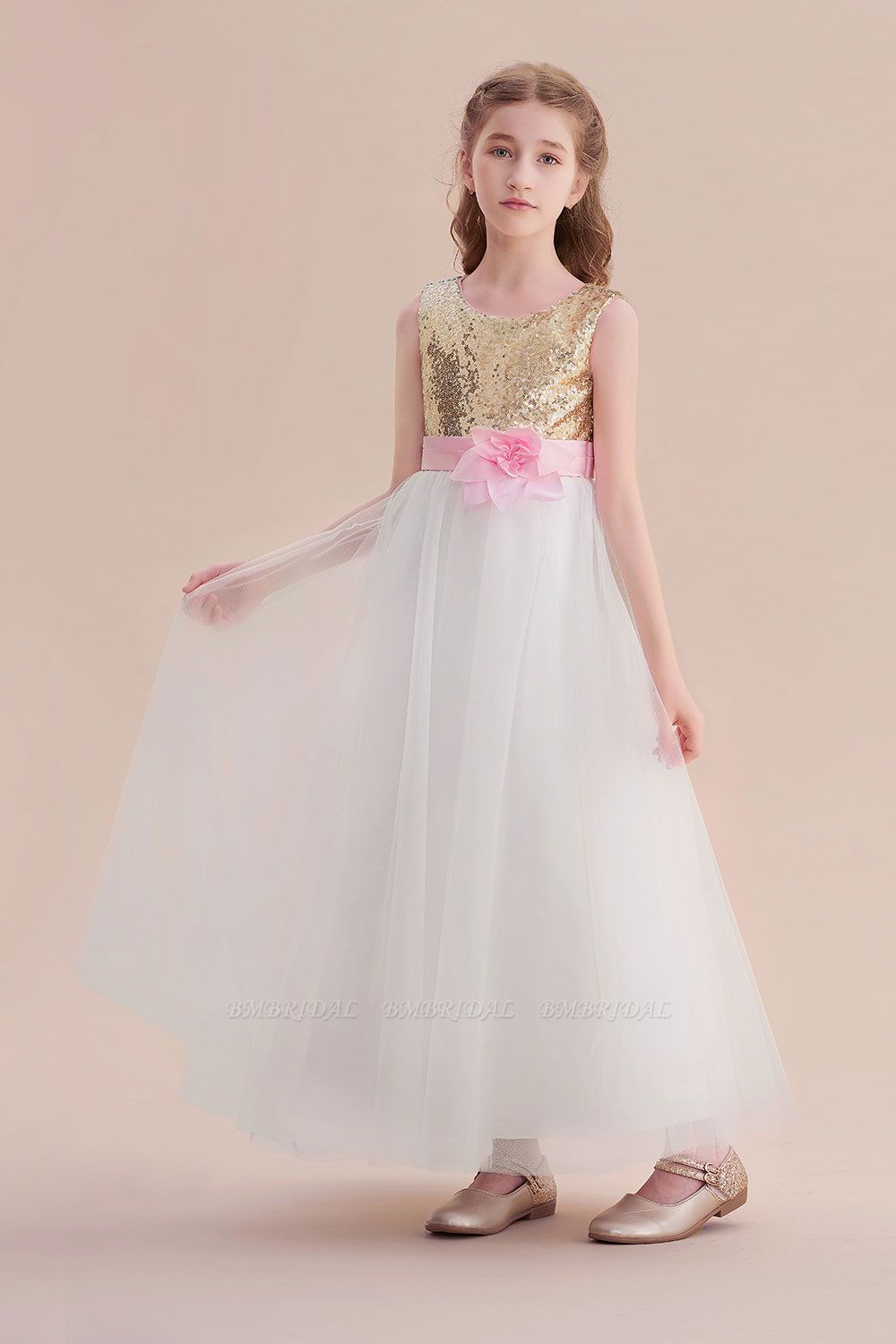 BMbridal A-Line Sequins Tulle High-waisted Flower Girl Dress On Sale