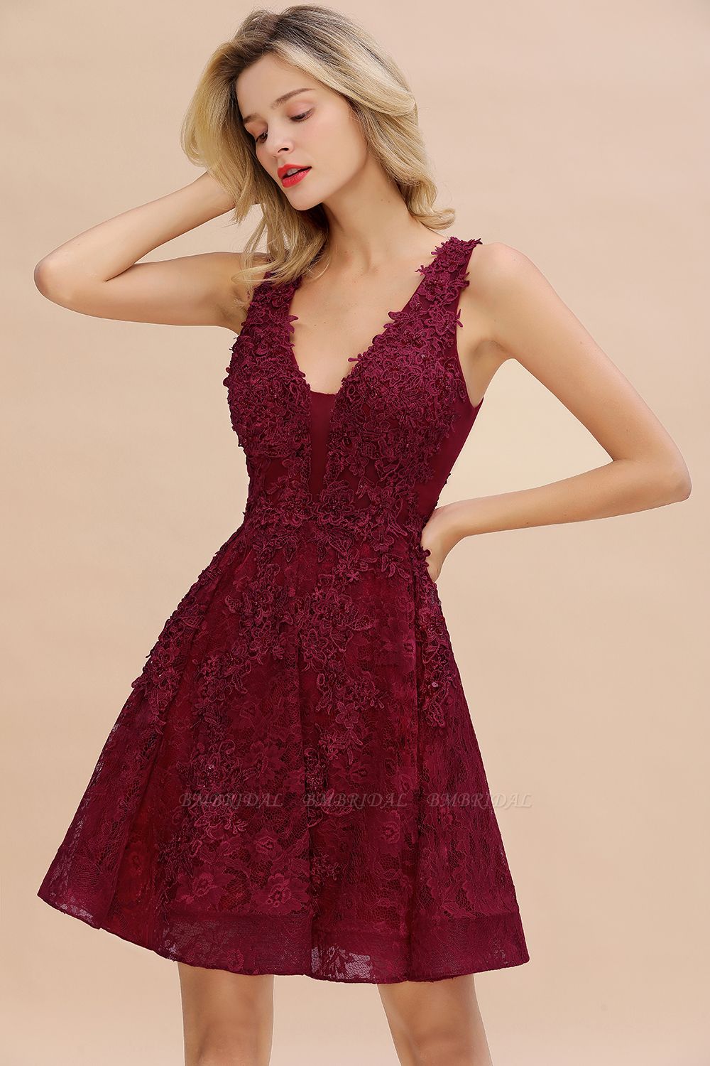 BMbridal Burgundy Sleeveless Lace Short Prom Dress Mini Party Gowns Online