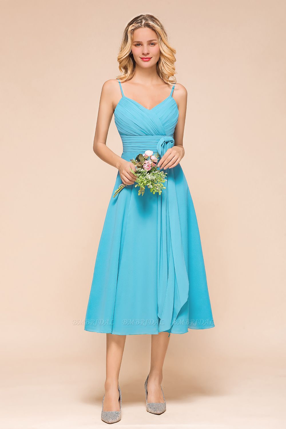 BMbridal Affordable Spaghetti Straps Blue Chiffon Bridesmaid Dress with Ruffle