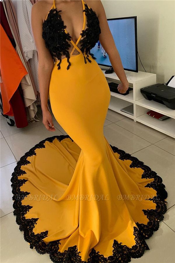 Bmbridal Yellow Halter Mermaid Prom Dress With Black Appliques