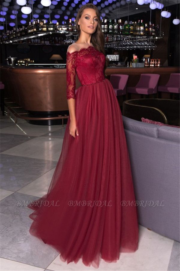 Bmbridal Half Sleeves Burgundy Lace Prom Dress Tulle Long