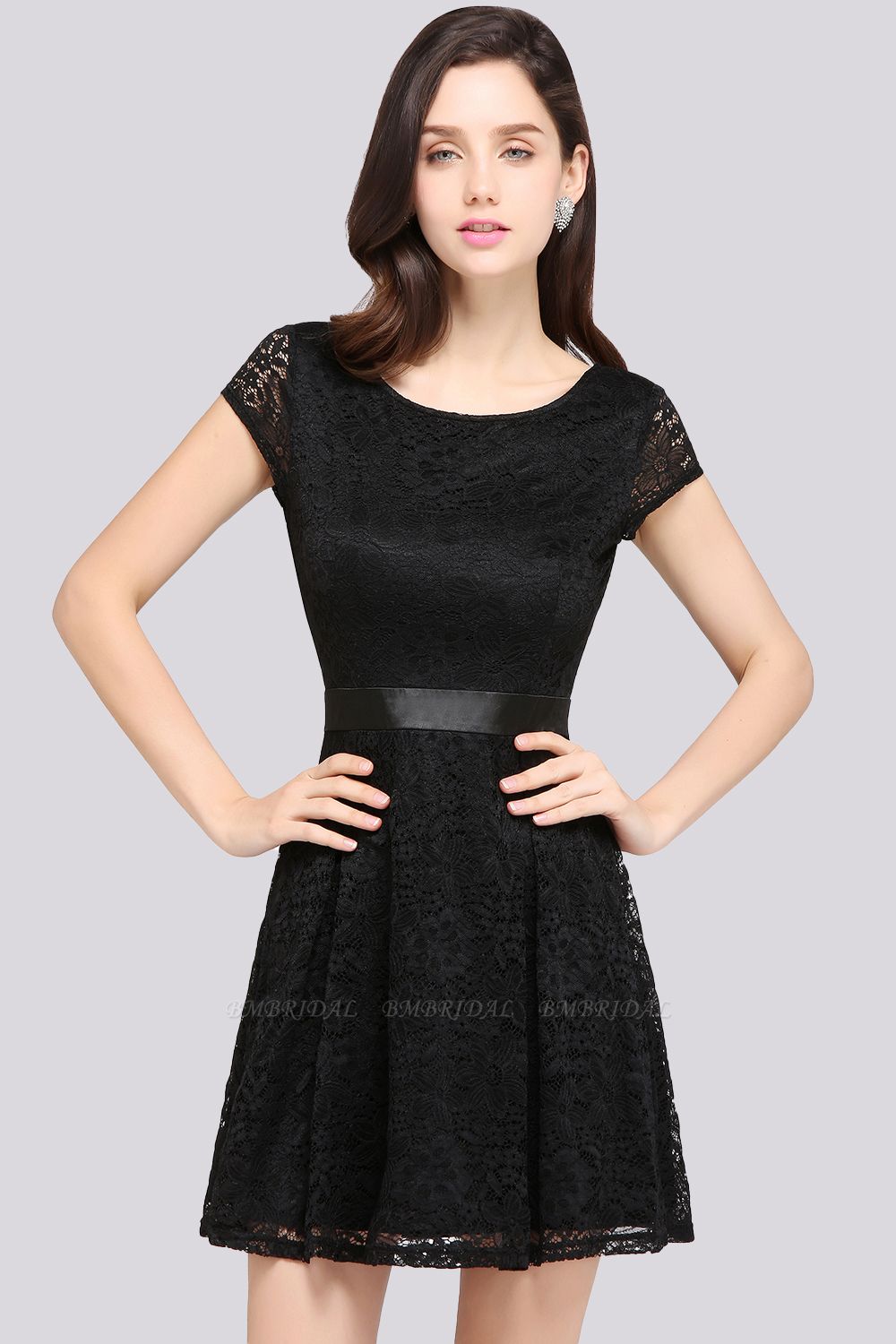 BMbridal Affordable Black Lace Short-Sleeves Junior Bridesmaid Dresses In Stock
