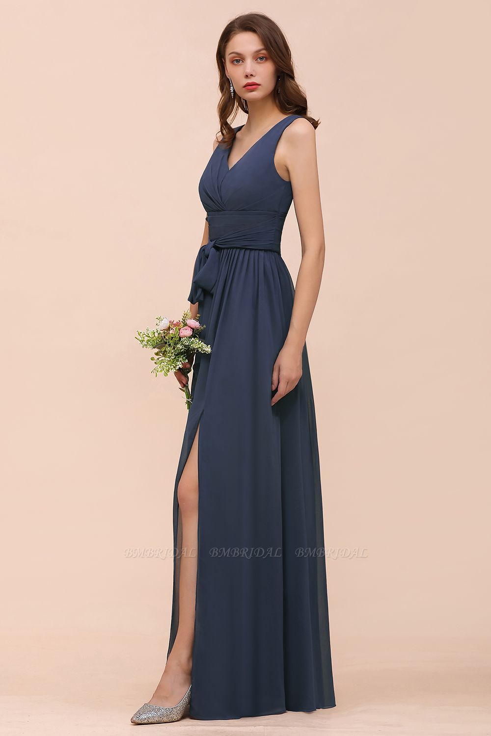 BMbridal Affordable V-Neck Chiffon Long Stormy Bridesmaid Dress With ...