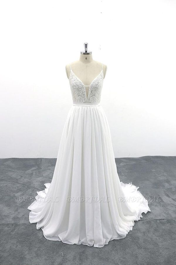 BMbridal Spaghetti Strap Lace Chiffon A-line Wedding Dress On Sale