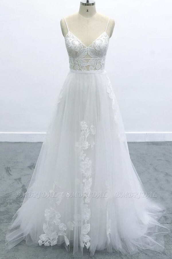 BMbridal Best Spaghetti Strap Appliques Tulle Wedding Dress On Sale