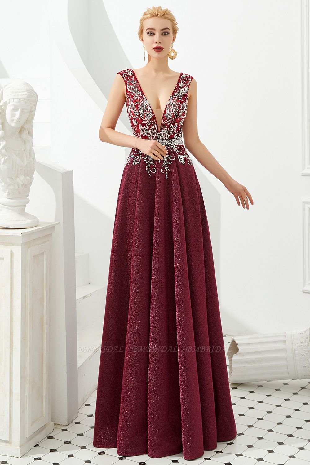 BMbridal Shinning Bugrundy Crystal Prom Dress Lange ärmellose Abendkleider mit V-Ausschnitt