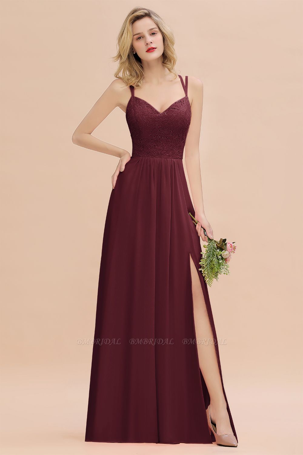 BMbridal Sexy Spaghetti-Straps Coral Lace Bridesmaid Dresses with Slit