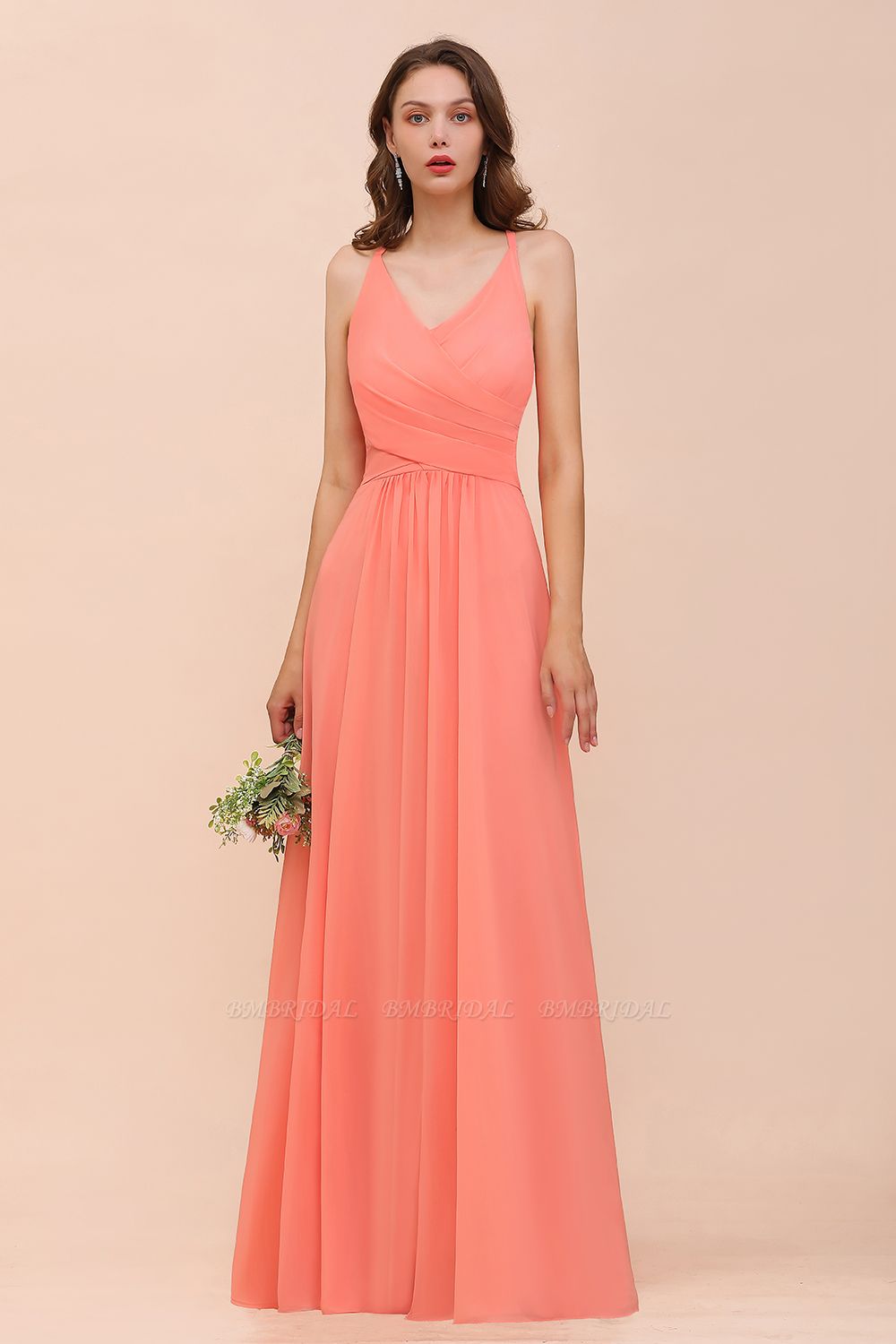 BMbridal Glamorous V-Neck Coral Chiffon Bridesmaid Dress Affordable with Ruffle