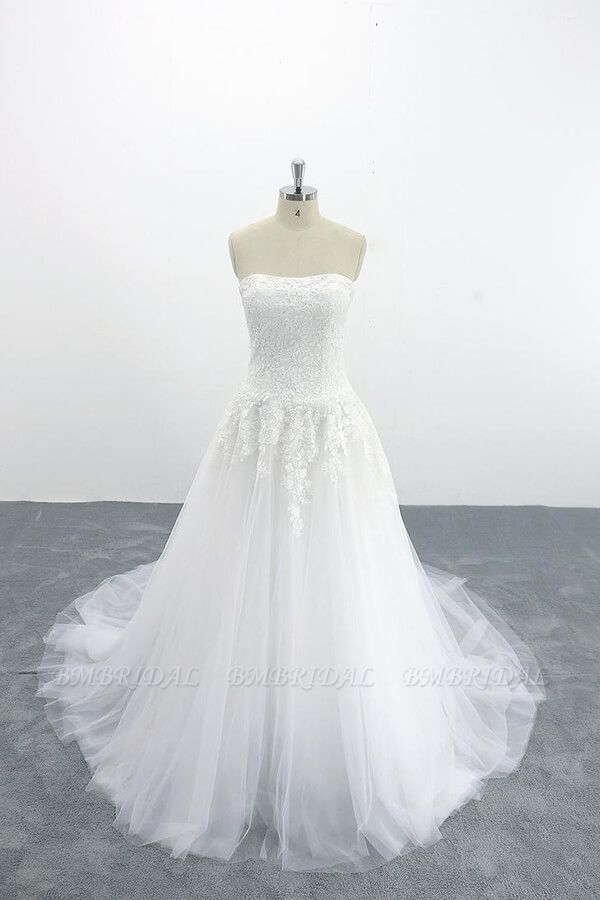 BMbridal Graceful Strapless Appliques Tulle Wedding Dress On Sale