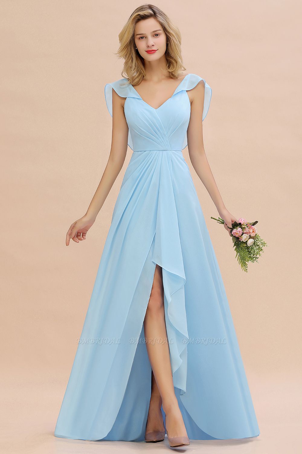 BMbridal Modest Hi-Lo V-Neck Ruffle Long Bridesmaid Dress with Slit