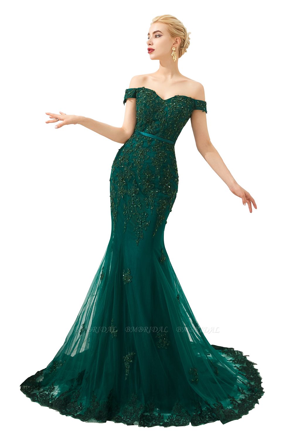 BMbridal Off-the-Shoulder Green Prom Dress Long Mermaid Evening Gowns With Lace Appliques