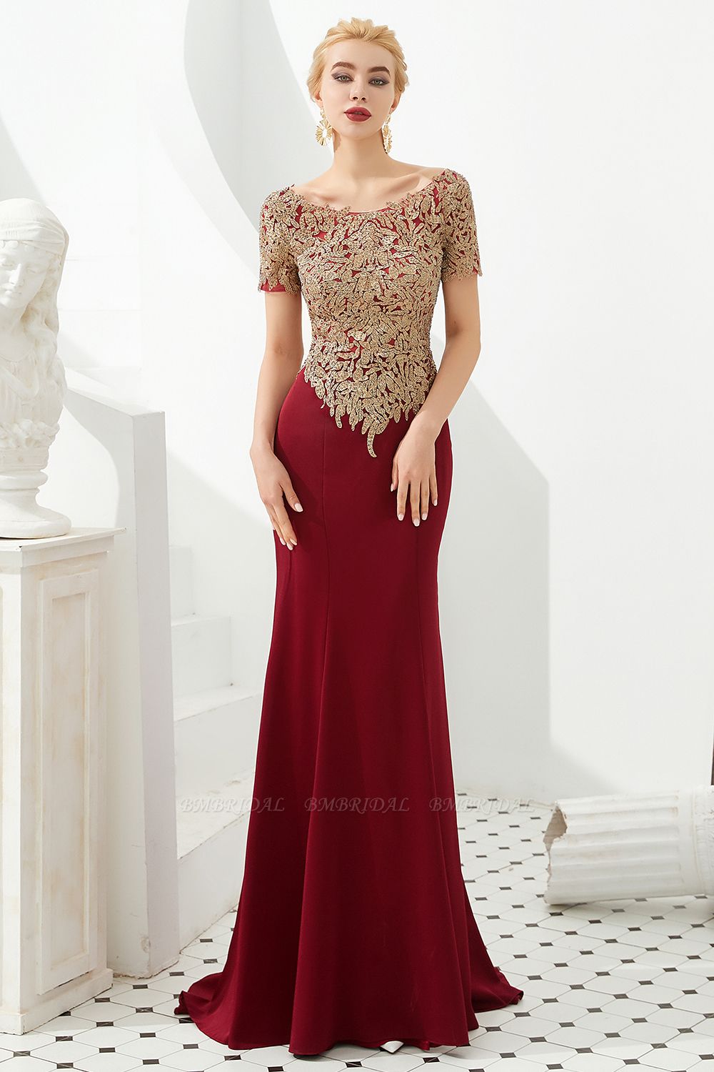 BMbridal Burgundy Short Sleeves Mermaid Prom Dress Long With Gold Appliques