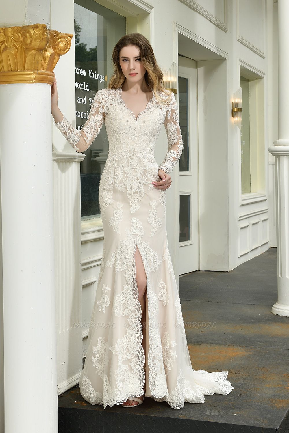 BMbridal Exquisite Sheath V-Neck Long Sleeves Wedding Dress With Slit