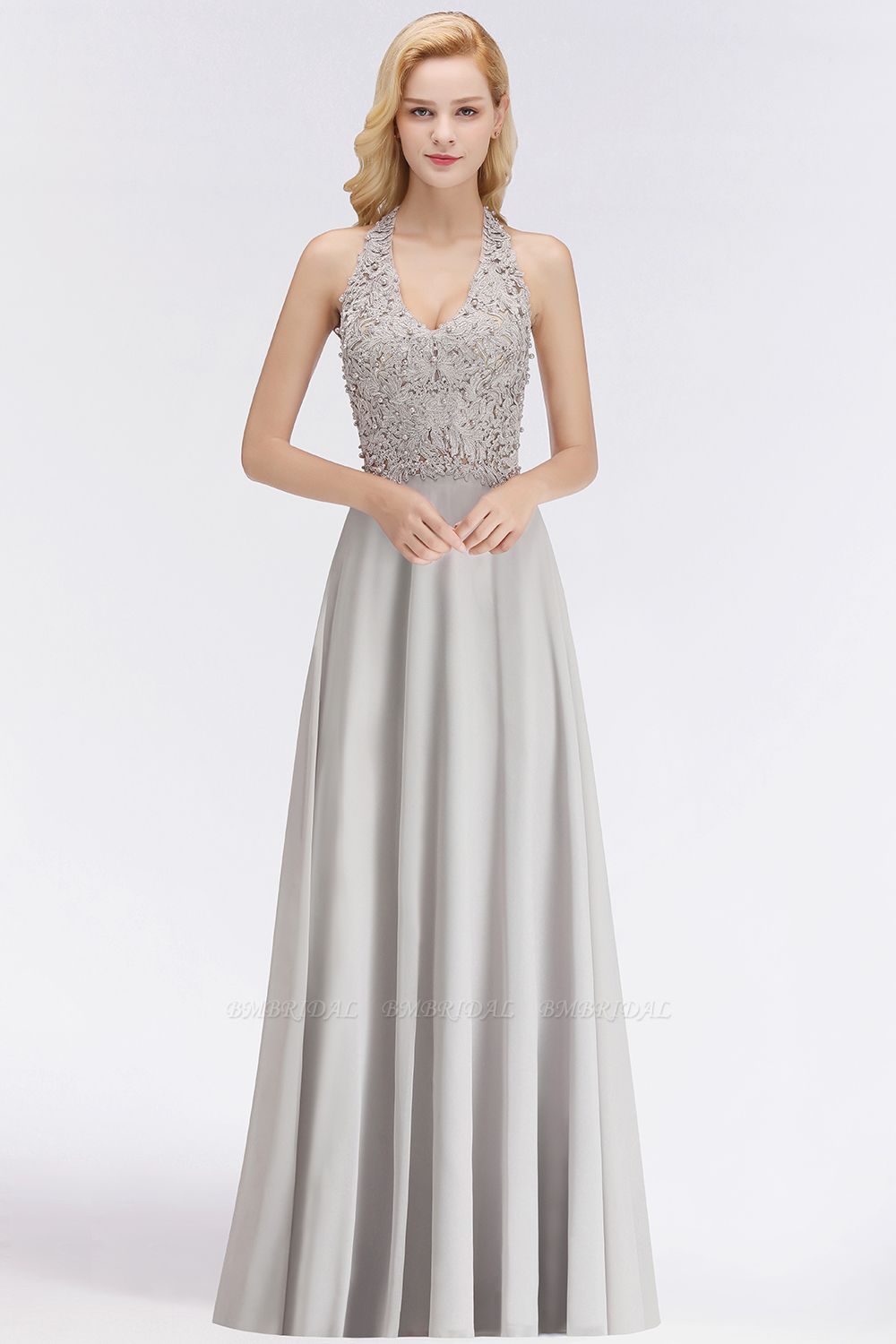 BMbridal A-line Halter Chiffon Lace Bridesmaid Dress with Beadings