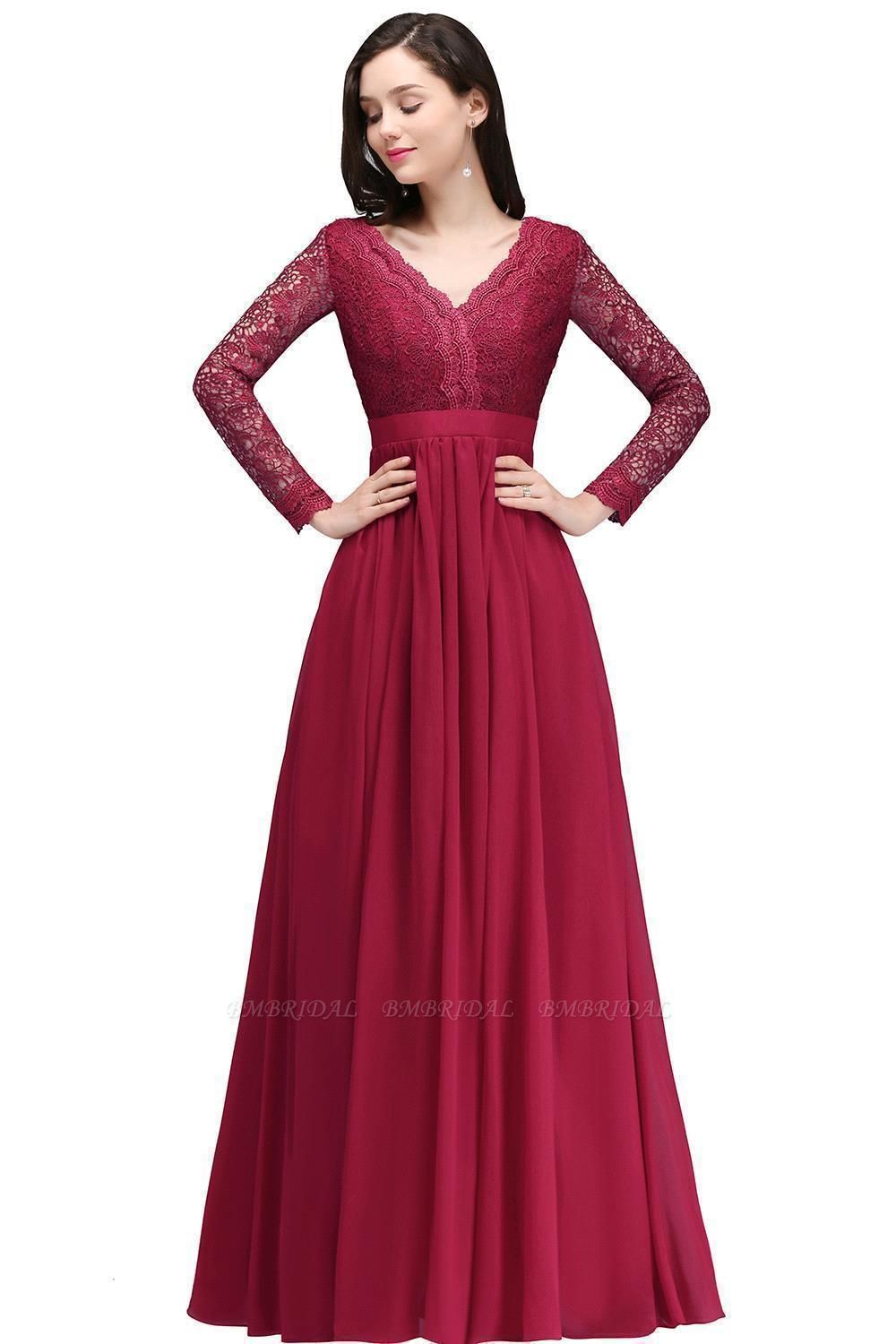 BMbridal Elegant A-line Chiffon Lace Long Sleeves Evening Dress
