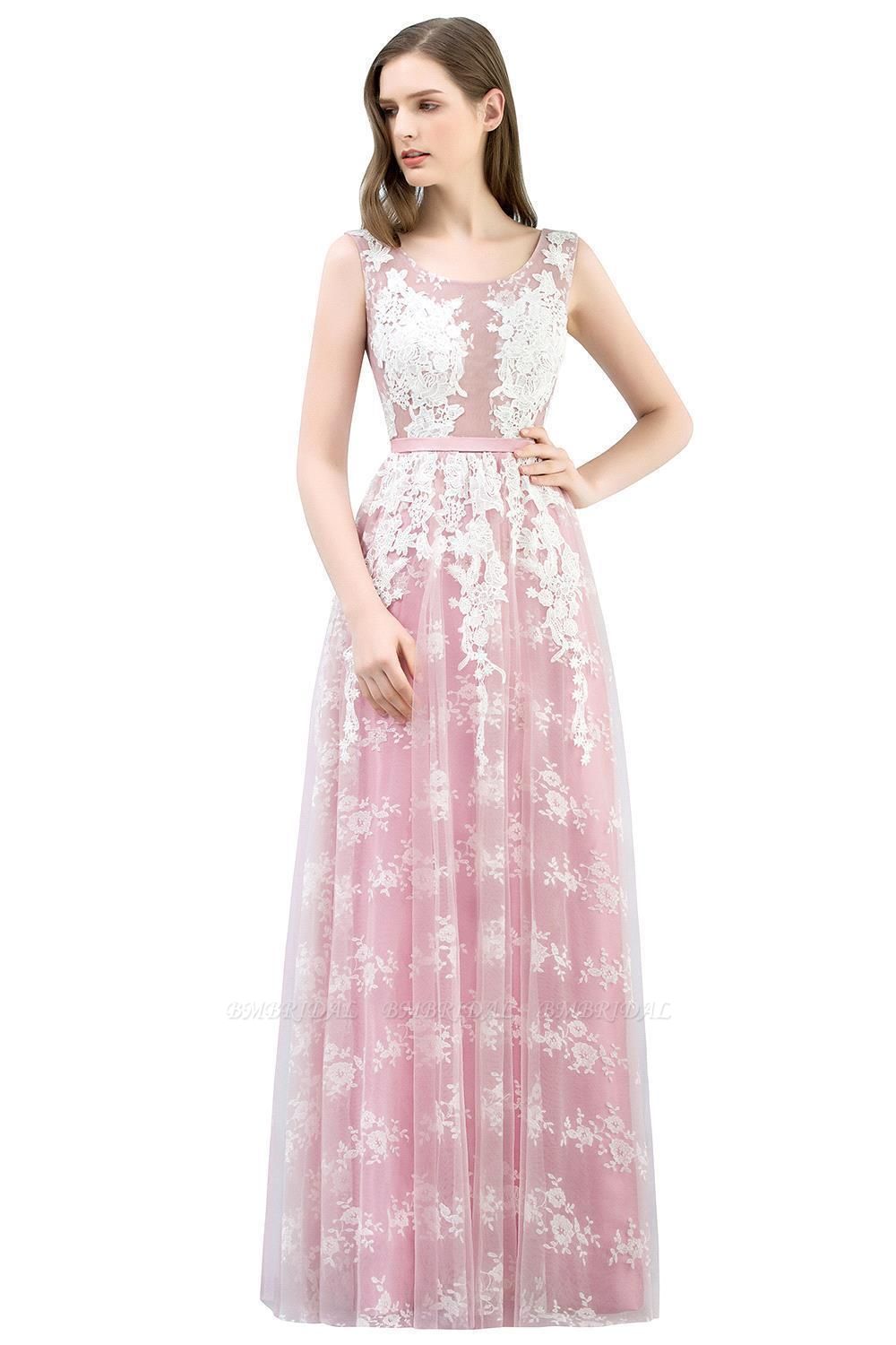 BMbridal Elegantes rosa ärmelloses Ballkleid Tüll lange Abendkleider mit Spitzenapplikationen