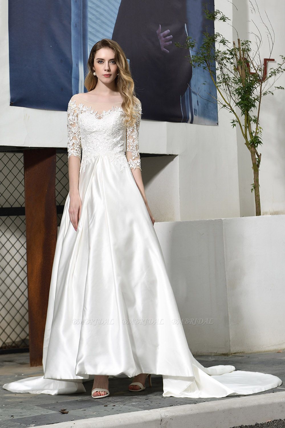 BMbridal Elegant A-Line Satin Lace 3/4 Sleeves Ankle Length Wedding Dress