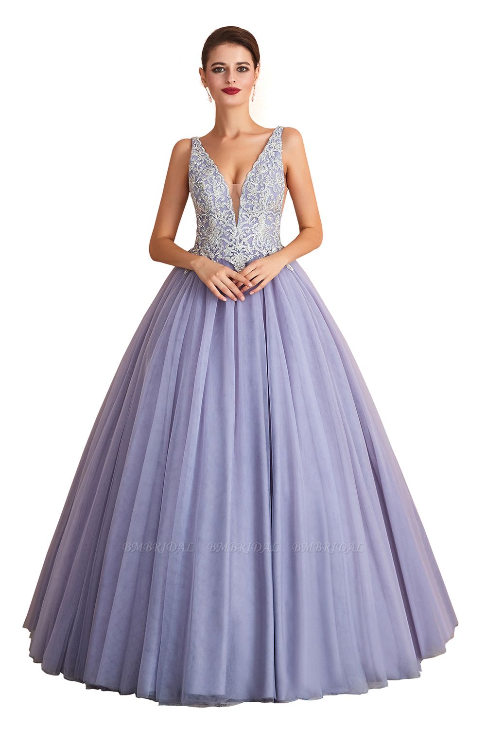 BMbridal Gorgeous Lavender Lace Prom Dress V-Neck Ball Gown Tulle Formal Wears