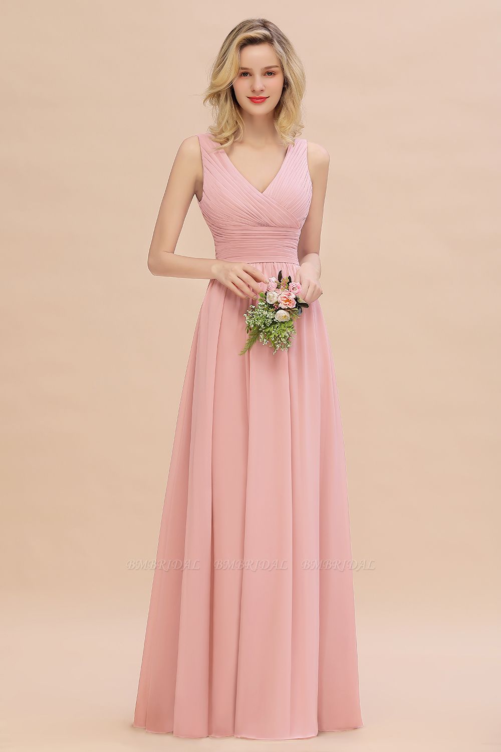 BMbridal Elegant V-Neck Dusty Rose Chiffon Bridesmaid Dress with Ruffle