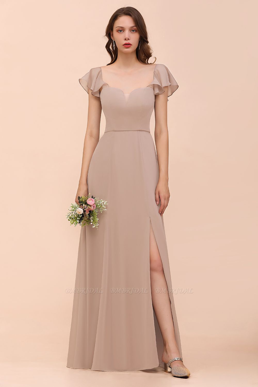 BMbridal Elegant Chiffon Slit Affordable Bridesmaid Dresses with  Short Sleeves