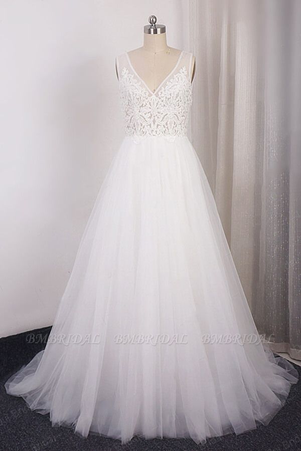 BMbridal Glamorous V-neck Straps Sleeveless Wedding Dress Appliques Tulle A-line Bridal Gowns On Sale