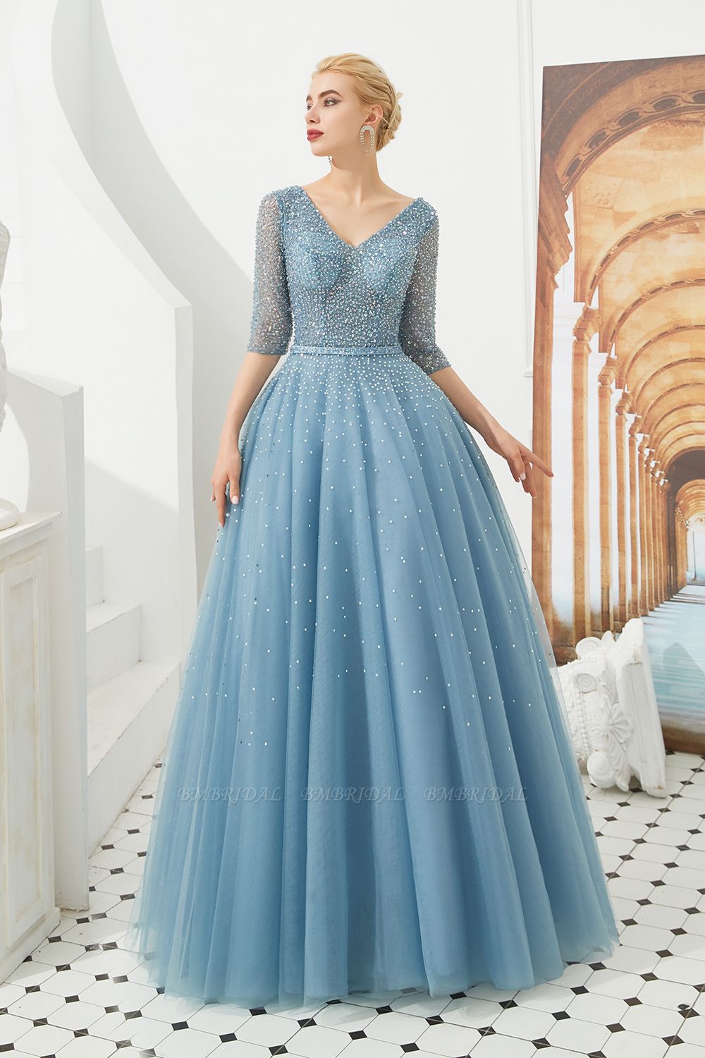 BMbridal Dusty Blue V-Neck Half-Sleeve Prom Dress Long With Beadings Lace-up