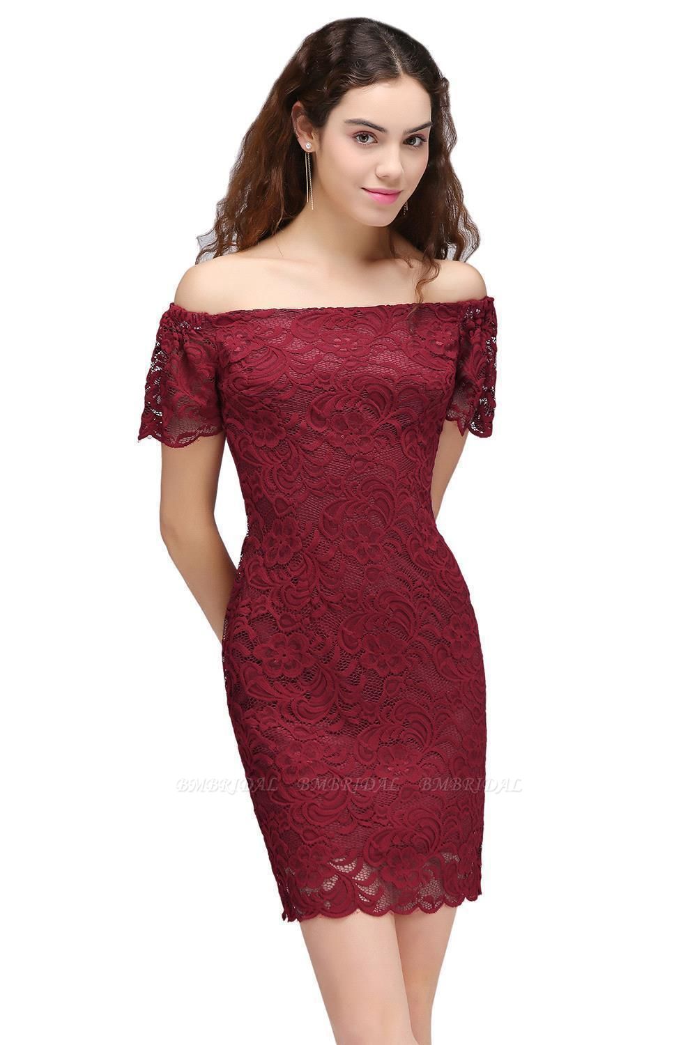 BMbridal Burgundy Lace Sheath Homecoming Dress Short Sleeves Cocktail Dress